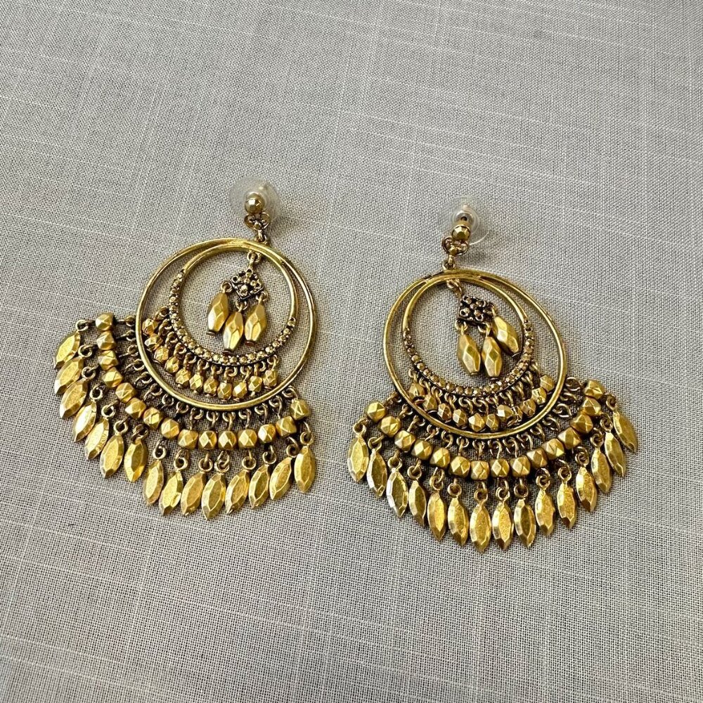 Gold Tone Large Round Multi-Tier Earrings with Dangles